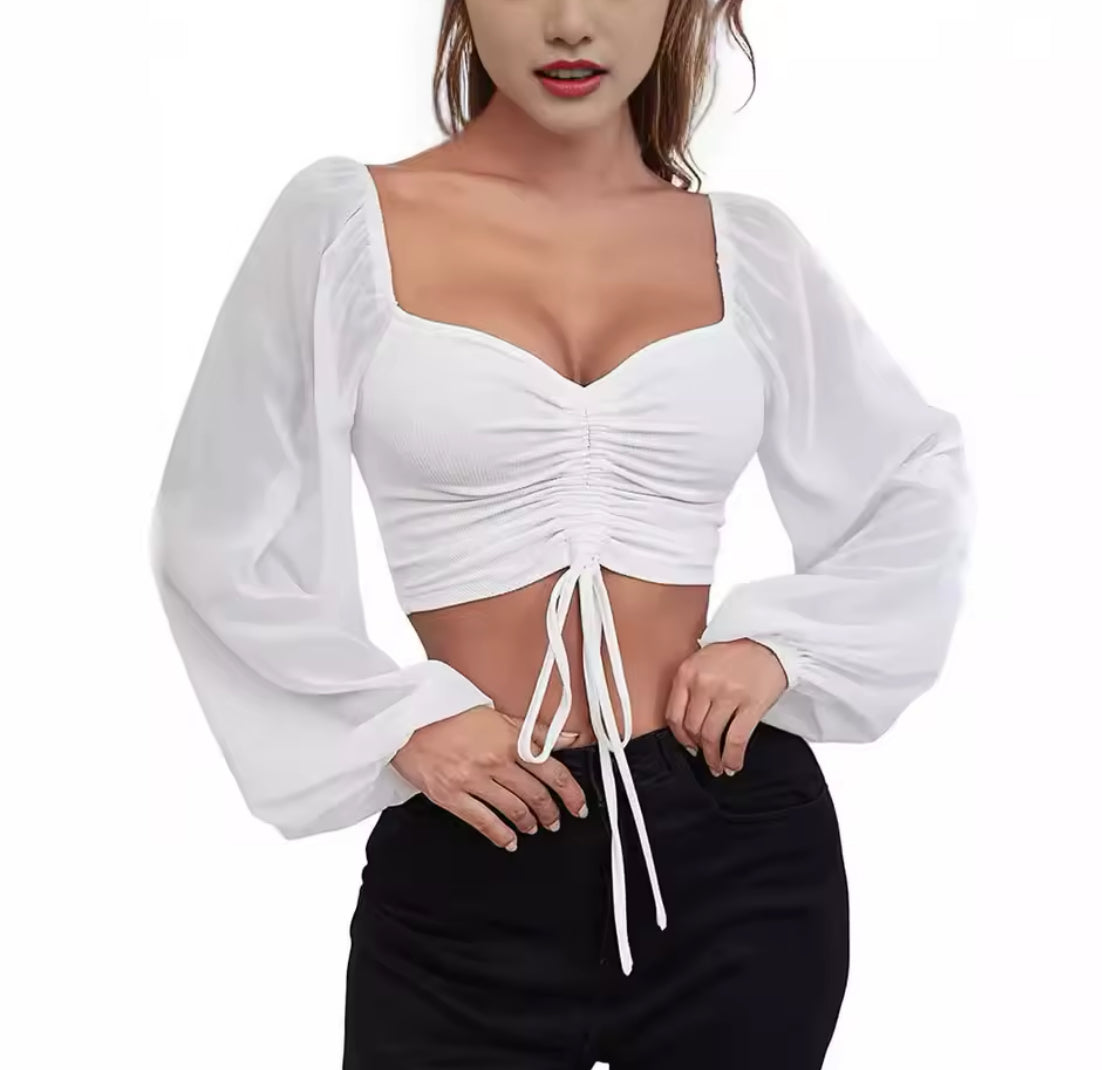 Sexy Mesh Lantern Sleeves Drawstring Wrap Chest Bare Midriff T Shirt Women