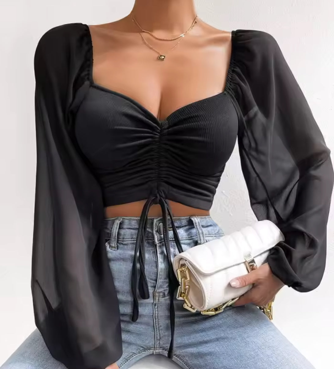 Sexy Mesh Lantern Sleeves Drawstring Wrap Chest Bare Midriff T Shirt Women