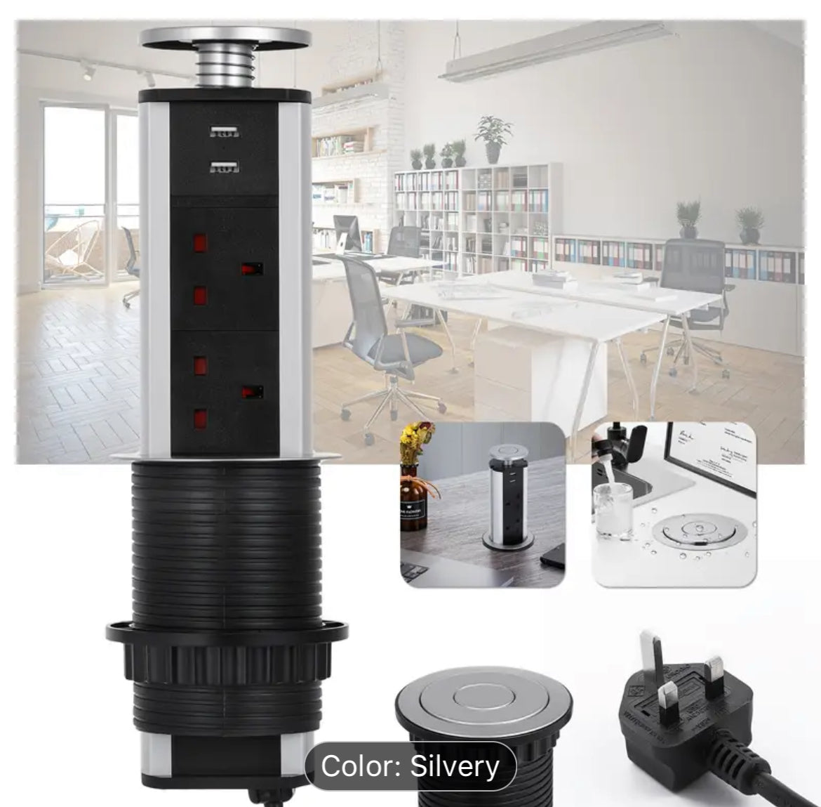 Pull Pop Up Electrical Plug Socket With 3 UK Sockets & 2 USB Charger Ports