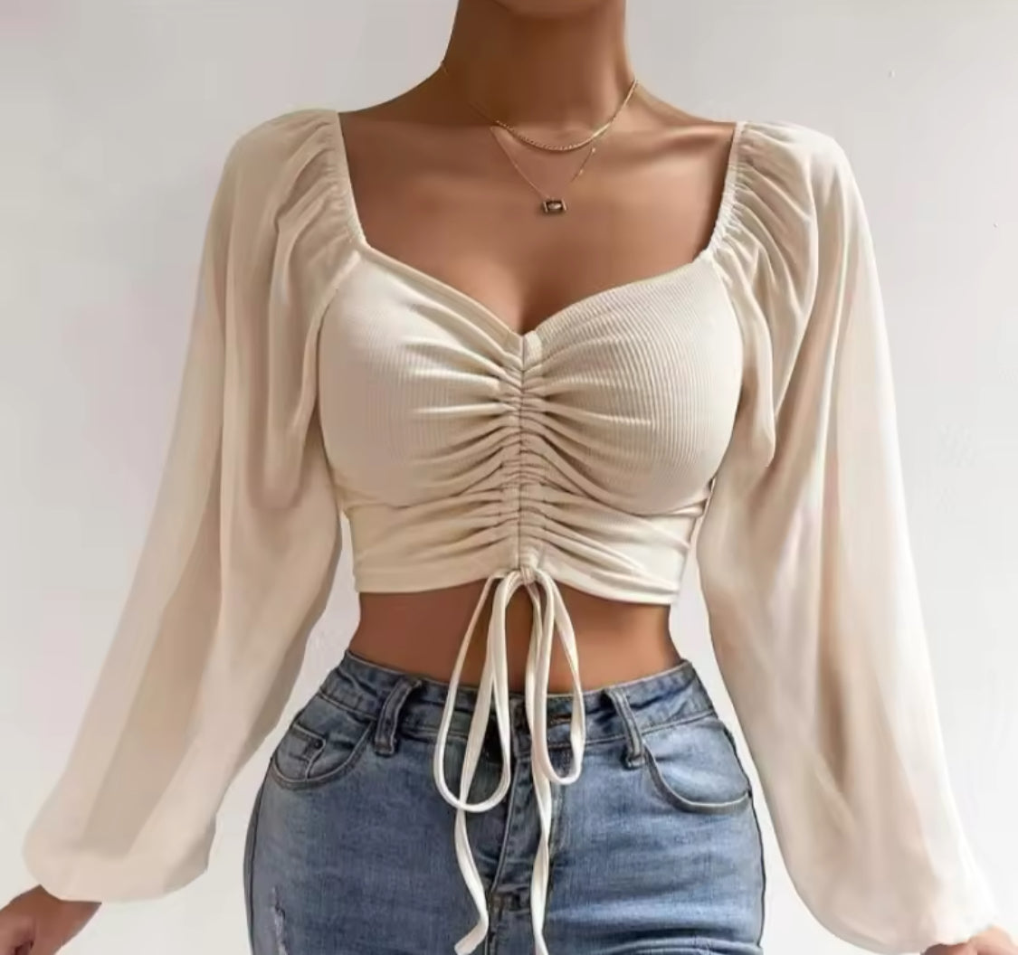 Sexy Mesh Lantern Sleeves Drawstring Wrap Chest Bare Midriff T Shirt Women