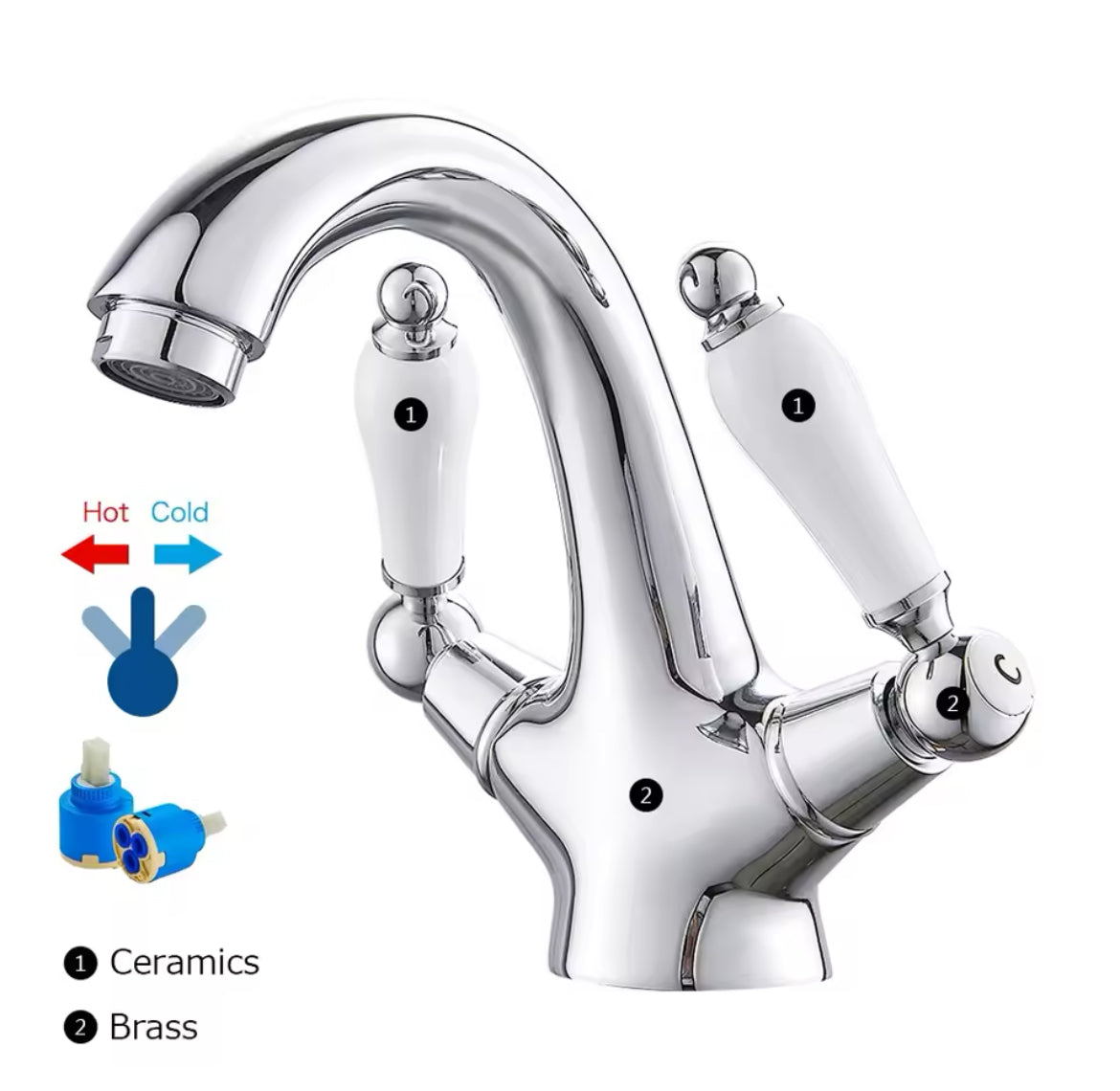 Traditional Double Ceramic Handle Brass Wall Mounted Bathroom Kitchen Bathroom Vanity Sink Swivel Faucet