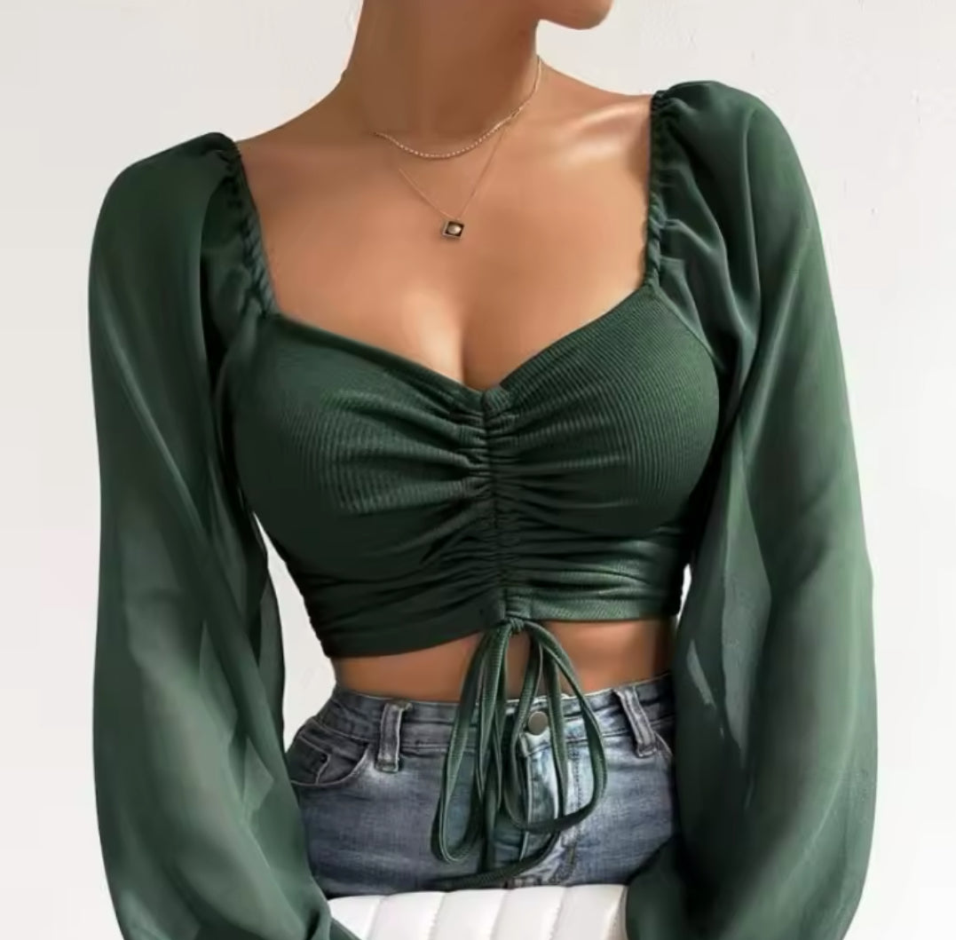 Sexy Mesh Lantern Sleeves Drawstring Wrap Chest Bare Midriff T Shirt Women