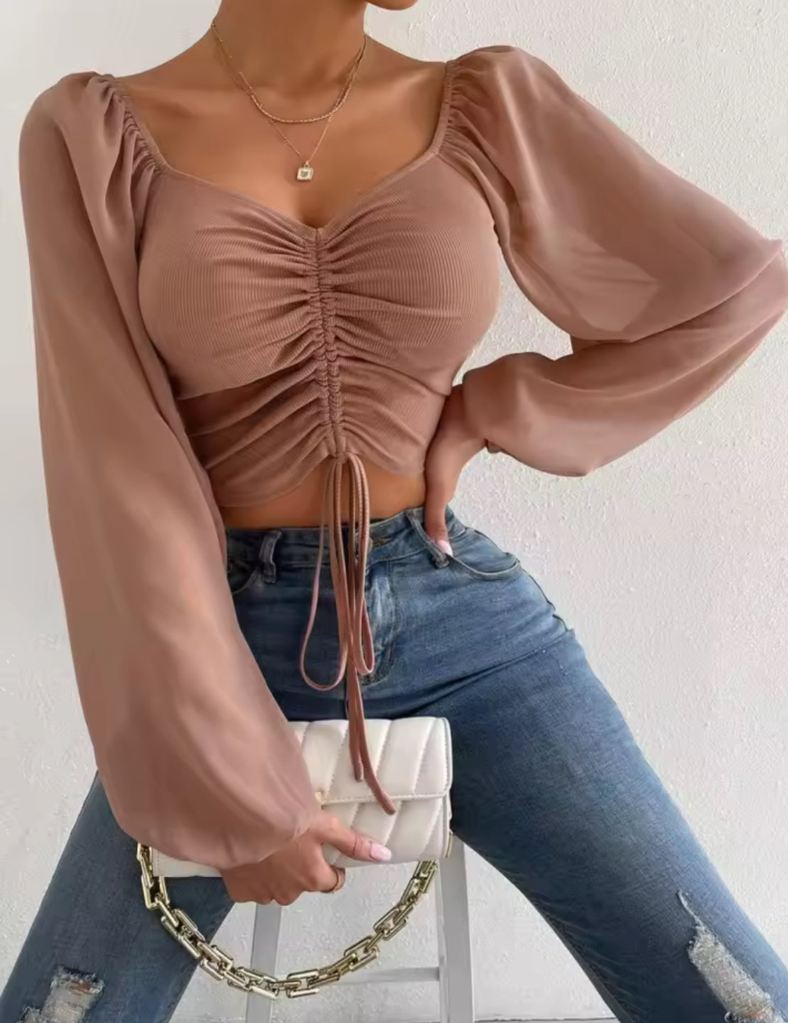 Sexy Mesh Lantern Sleeves Drawstring Wrap Chest Bare Midriff T Shirt Women