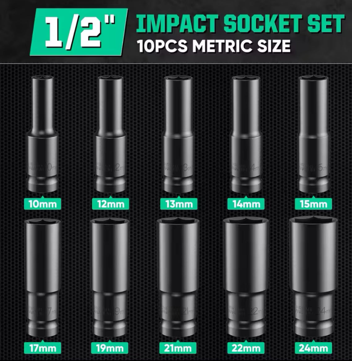 1/2-Inch Drive 6-Point Impact Socket Set 10-Piece Metric Sizes 8-24mm Carbon Steel