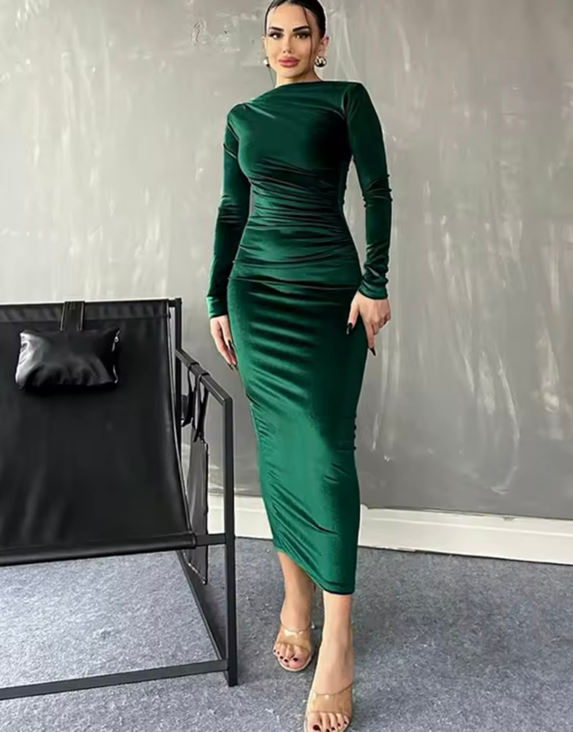 Dulzura 2024 Spring Summer Velvet Long Sleeve Midi Dress For Women