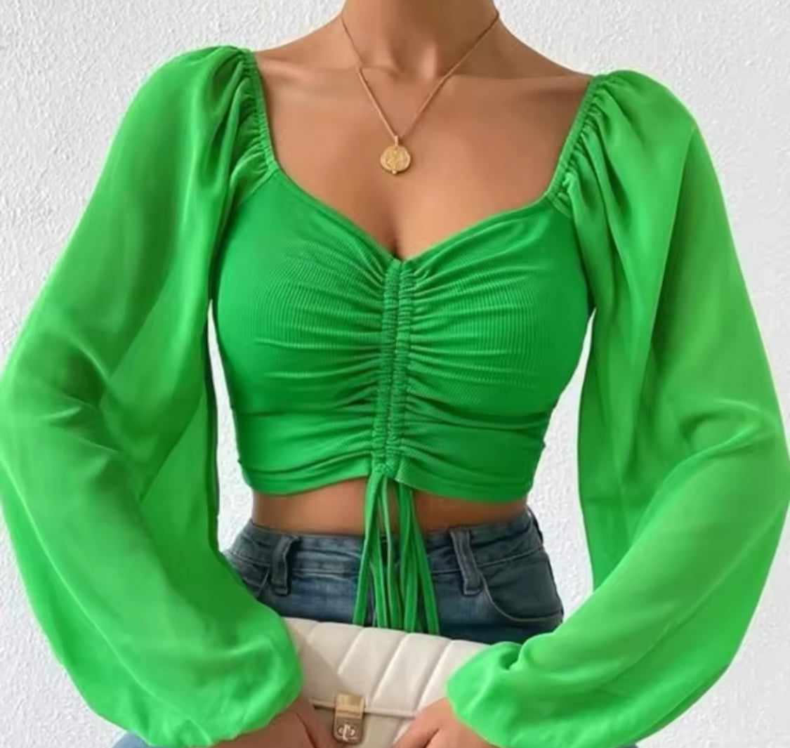 Sexy Mesh Lantern Sleeves Drawstring Wrap Chest Bare Midriff T Shirt Women
