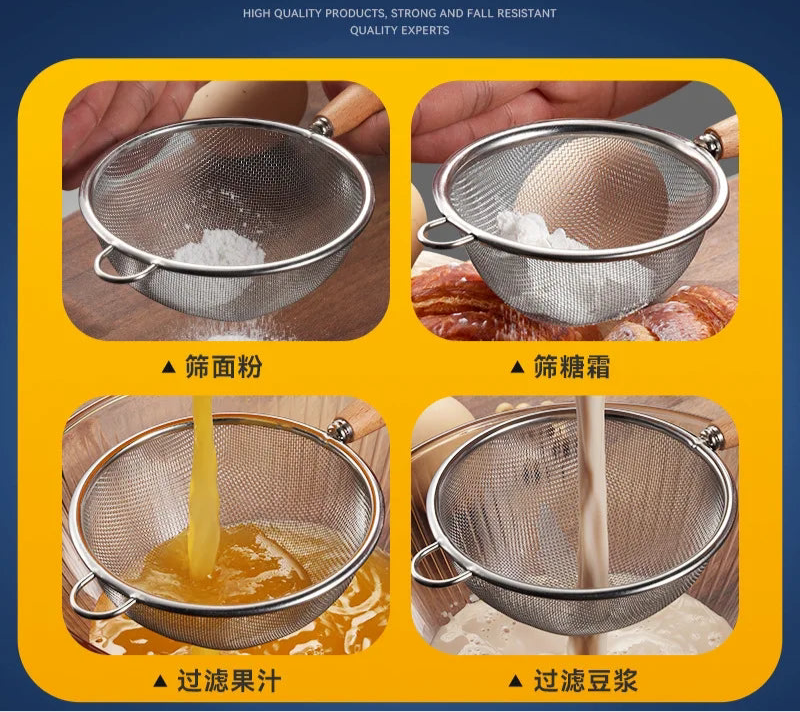Wooden Handle Stainless Steel Small Colander Fine Mesh Oil Strainer Multi-function