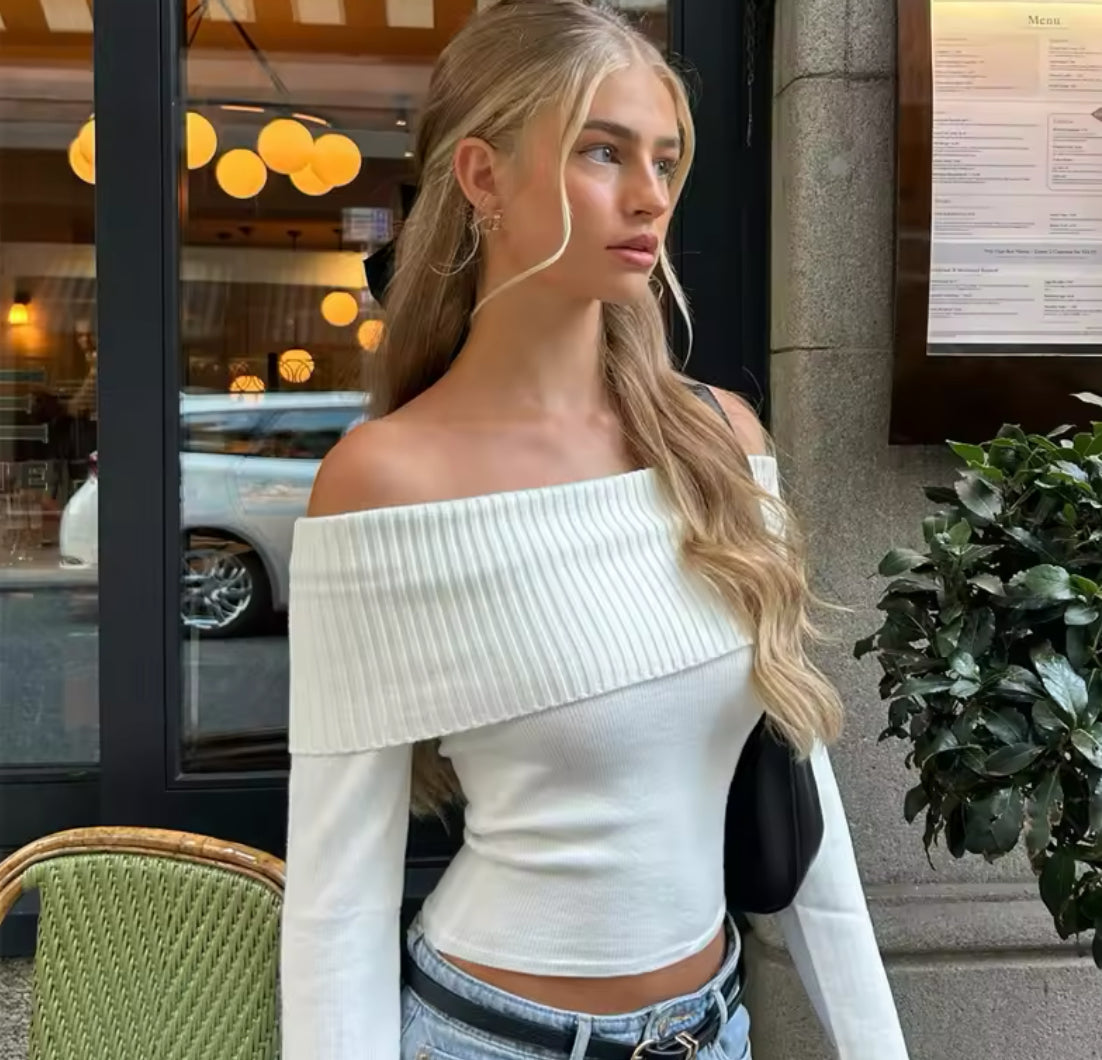 Candyhot Solid Elegant Off Shoulder Ribbed Crop Tops Casual Skinny Long Sleeve