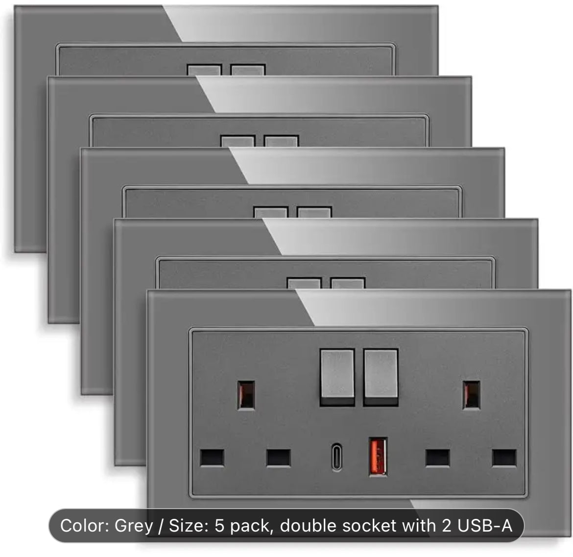 5 pack glass double switched socket with 2 USB charging ports, 13 amp