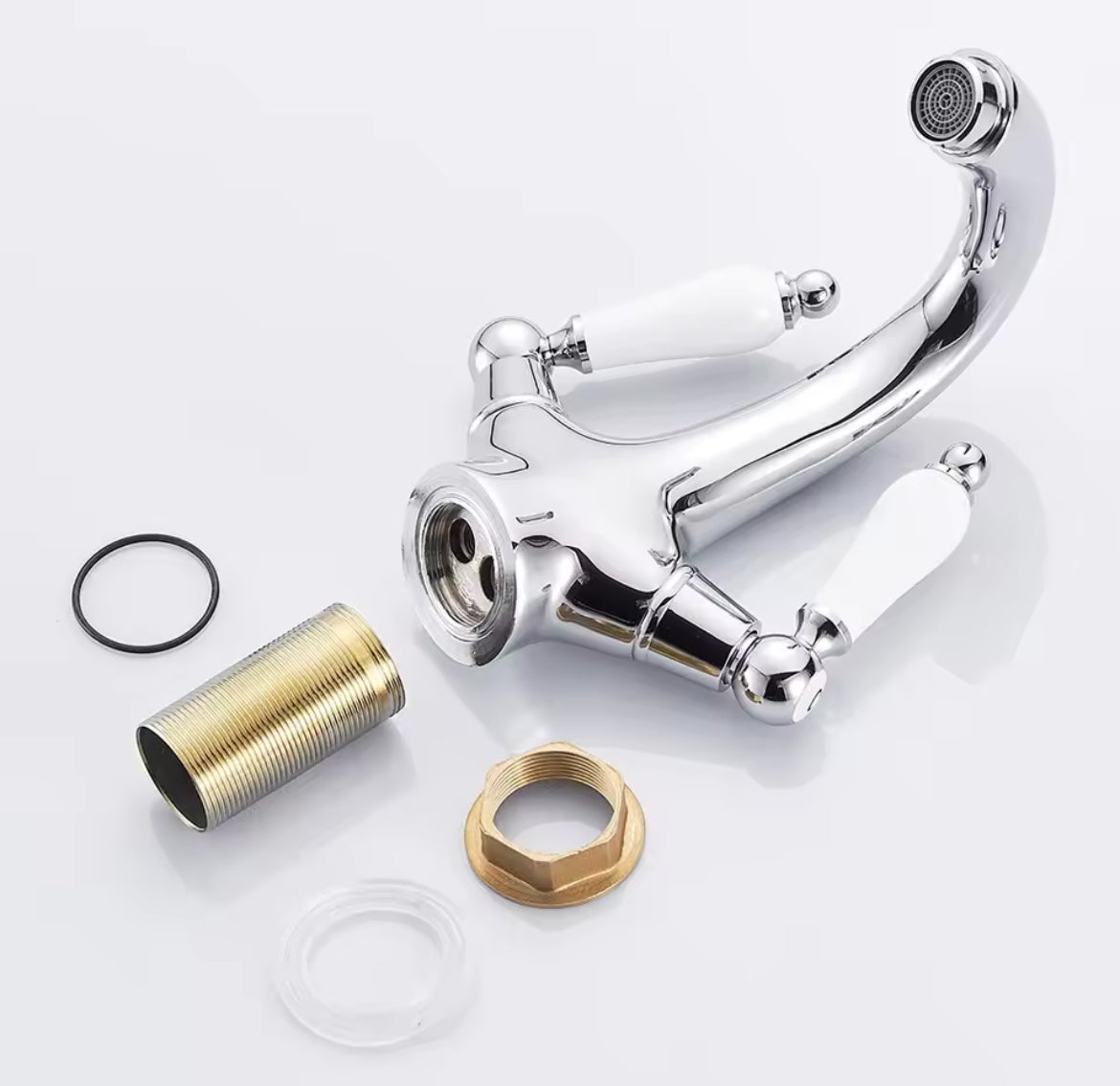 Traditional Double Ceramic Handle Brass Wall Mounted Bathroom Kitchen Bathroom Vanity Sink Swivel Faucet