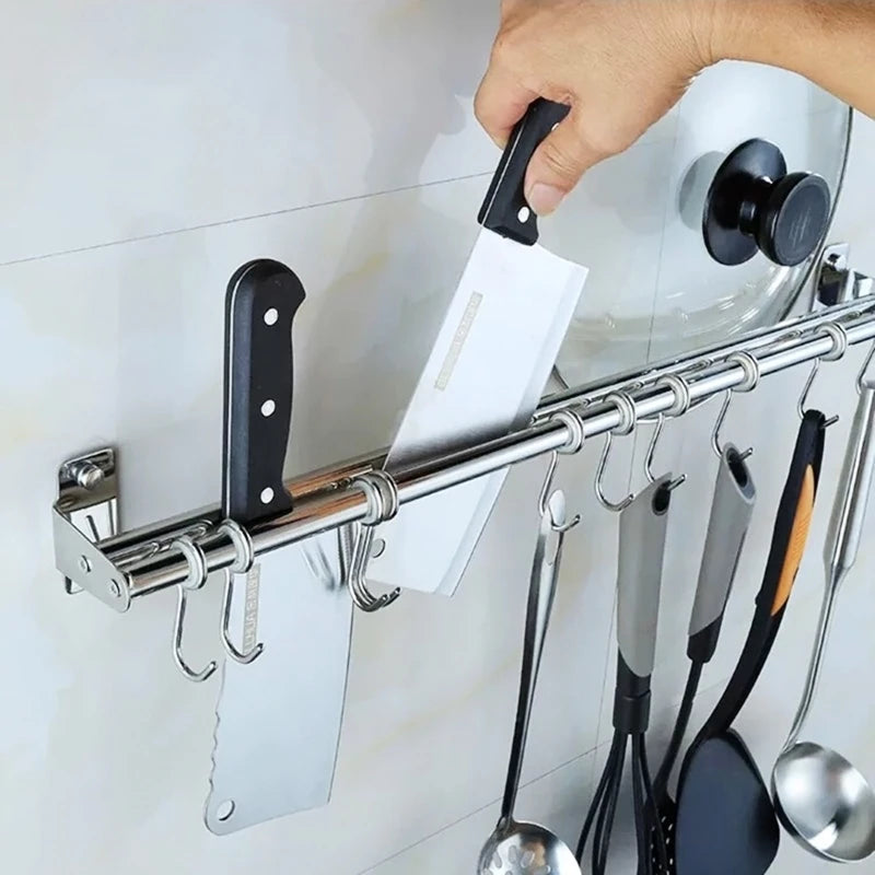 Wall Mounted Utensil Rack Stainless Steel Hanging Kitchen Rail with 6/8/10 Removable Hooks