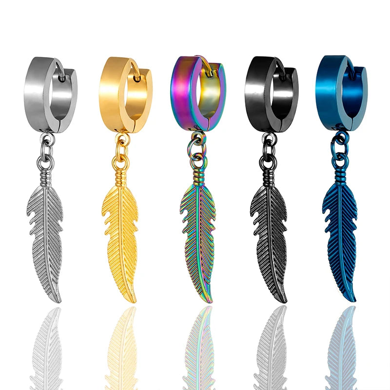 1 Pieces Simple Feather Pendant Ear Studs Man Women Stainless Steel Earrings Unisex Fashion