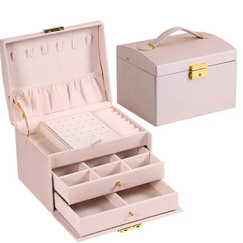 Three Drawer Handheld Jewellery Box Earring Ring Necklace Storage Box PU Leather
