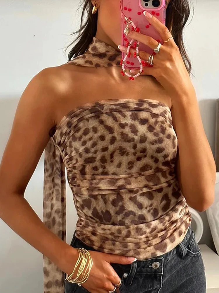 TRAF Leopard Mesh Tops Women Print Halter Top Woman Strapless Backless Top Sexy Lingerie Ladies