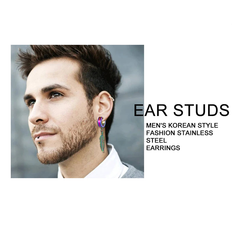 1 Pieces Simple Feather Pendant Ear Studs Man Women Stainless Steel Earrings Unisex Fashion