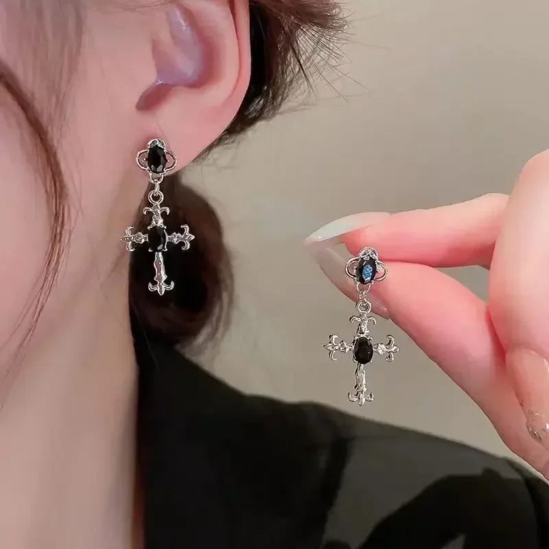 Gothic Cross Black Drill Drop Earrings Women Punk Halloween Jewellery Creativity Fashion