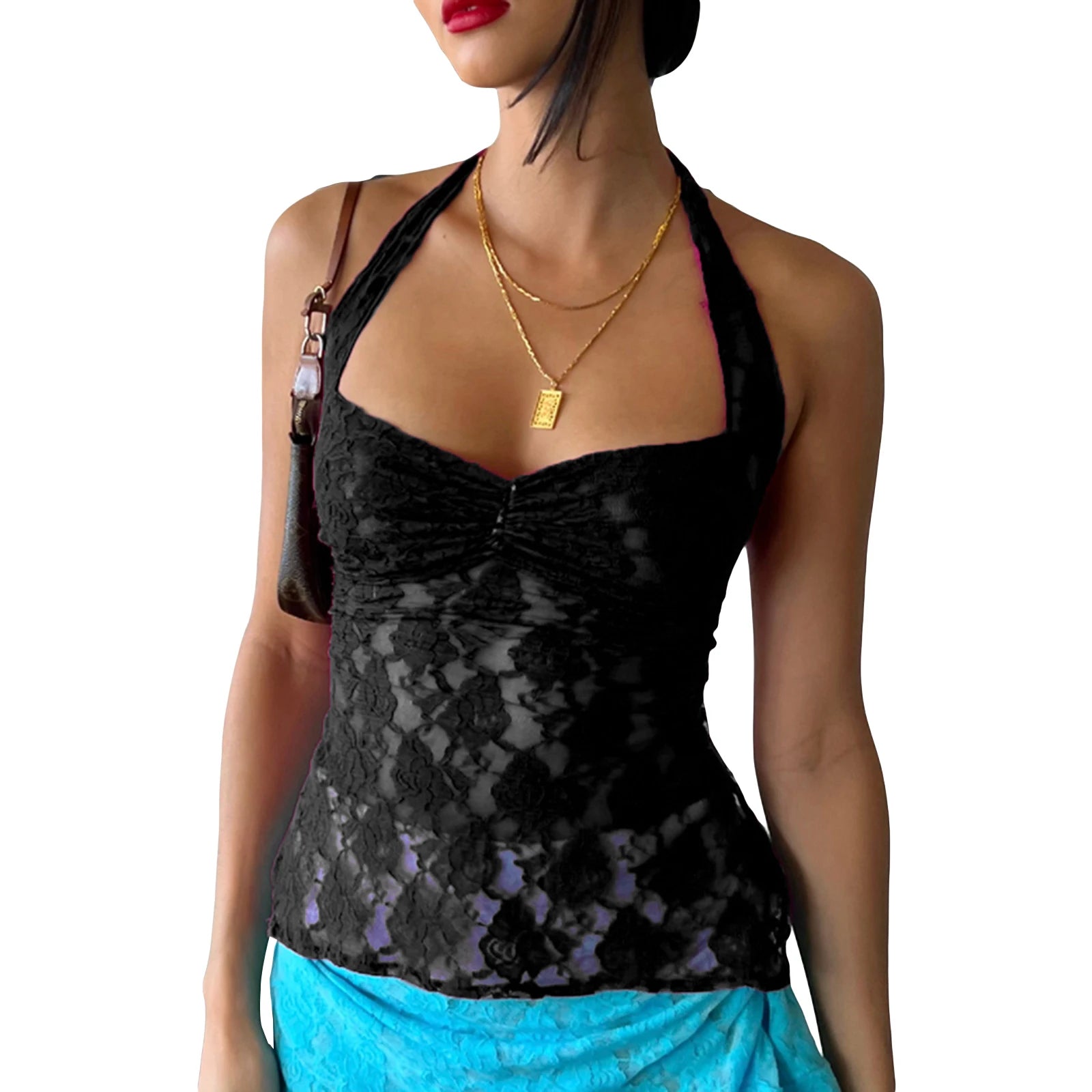 Women's Lace Tank Top Shirt Solid Chic Basic Flower Sheath Split Sexy Casual
