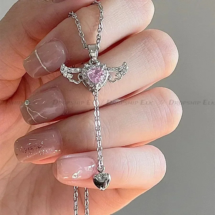 925 Sterling Silver Heart Angel Wings Pendant Choker Necklaces For Women Aesthetic Jewelry
