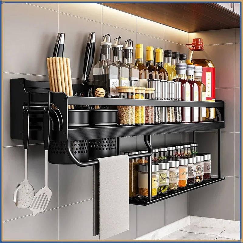 Kitchen Shelf Wall-Mounted Spice Storage Racks Kitchen Knife Holder Seasoning Shelf Organizer
