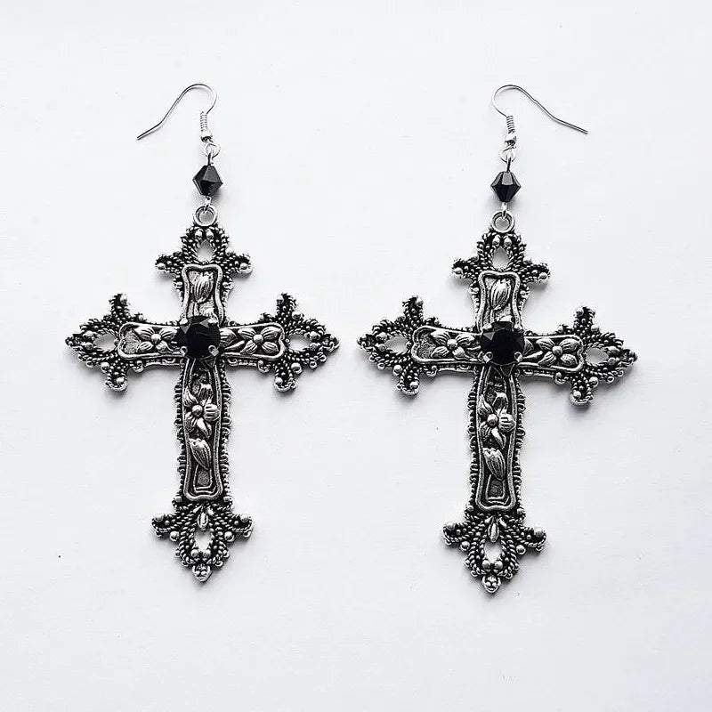Goth Large Detailed Cross Black Drill Jewel Earrings Silver Color Gothic Punk Jewellery Fashion