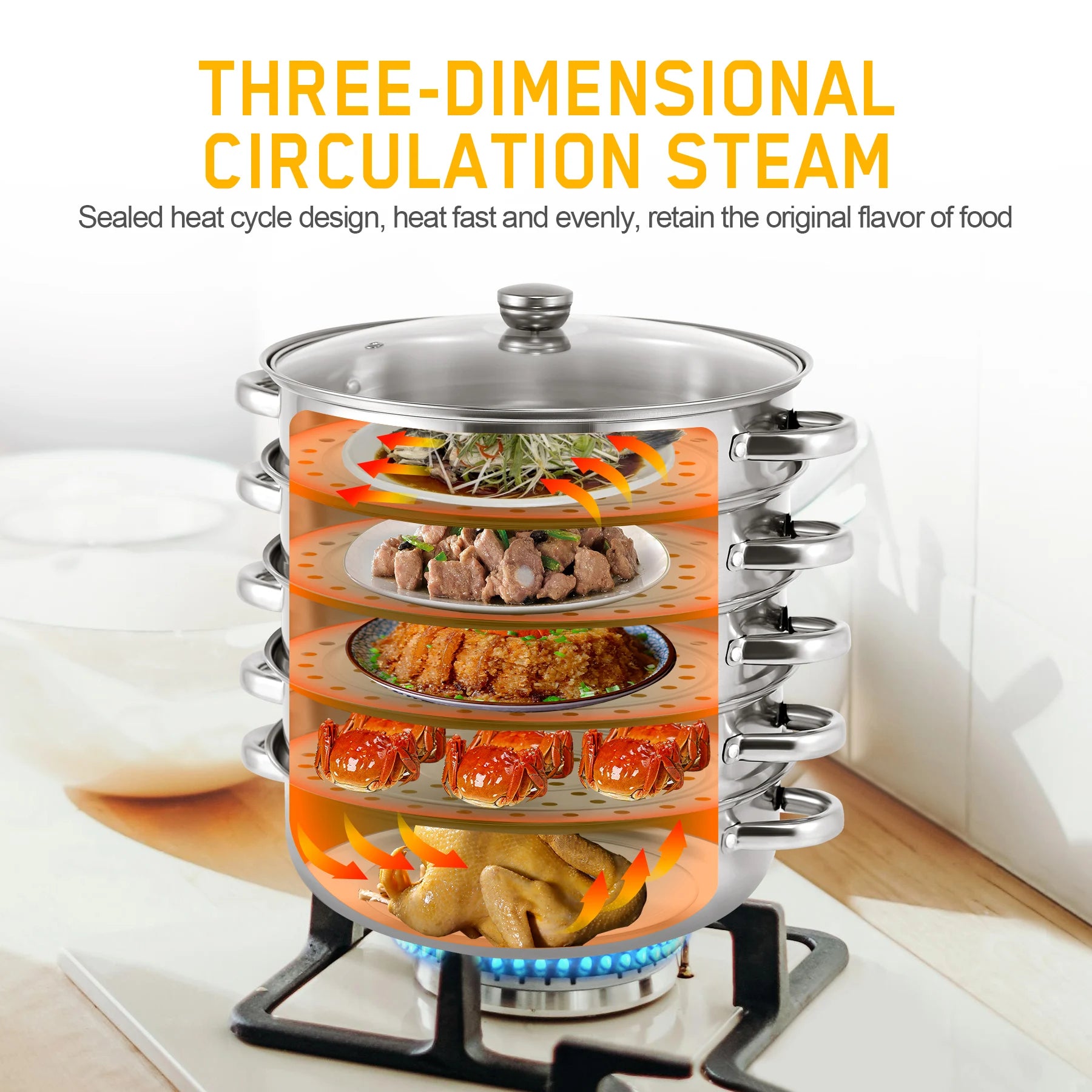 304 Stainless Steel 5 Tier Steamer Cooker Pot Kitchen Food Cooking + Glass lid 30cm Double
