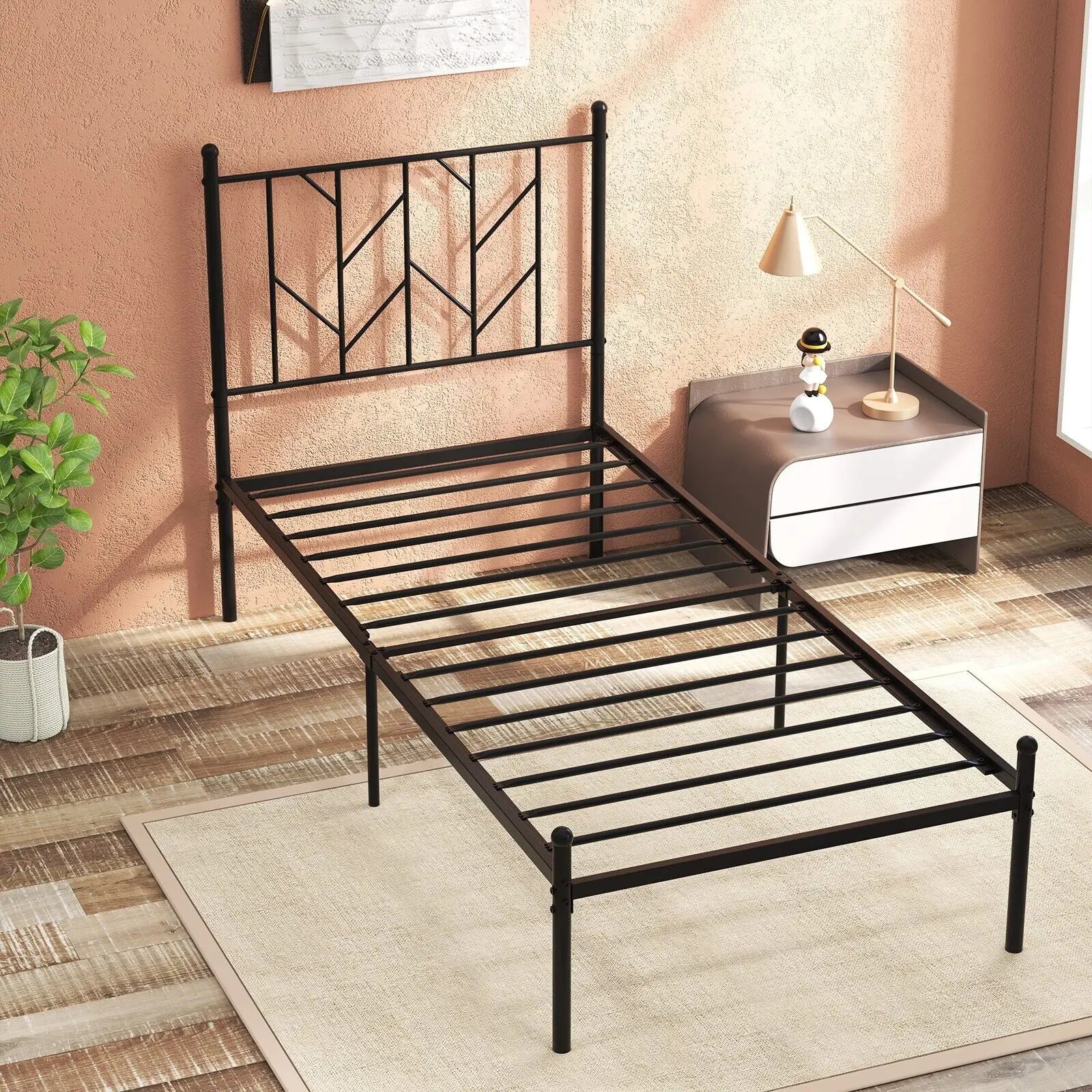 GOFLAME 3FT Single Metal Bed Frame Heavy-duty Slatted Platform Bed with Headboard