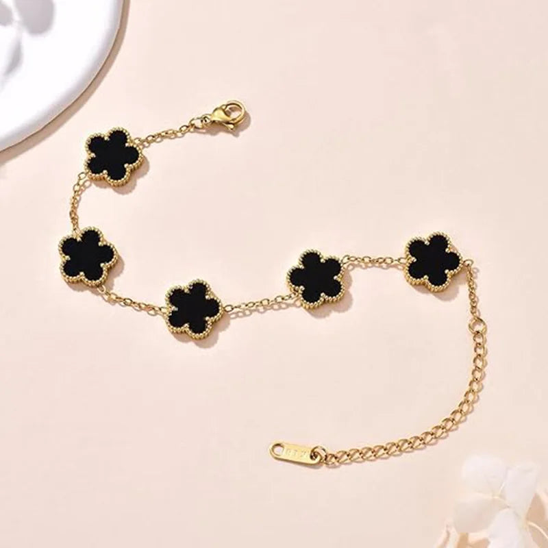 Lucky Clover Women's Hand Bracelets Double Sided Flowers Jewellery Gifts Stainless Steel