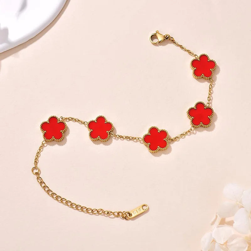 Lucky Clover Women's Hand Bracelets Double Sided Flowers Jewellery Gifts Stainless Steel