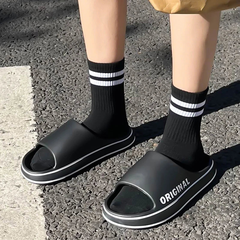 Feslishoet Women Letter Slippers Beach Slides Solid Color Mens Thick Sole