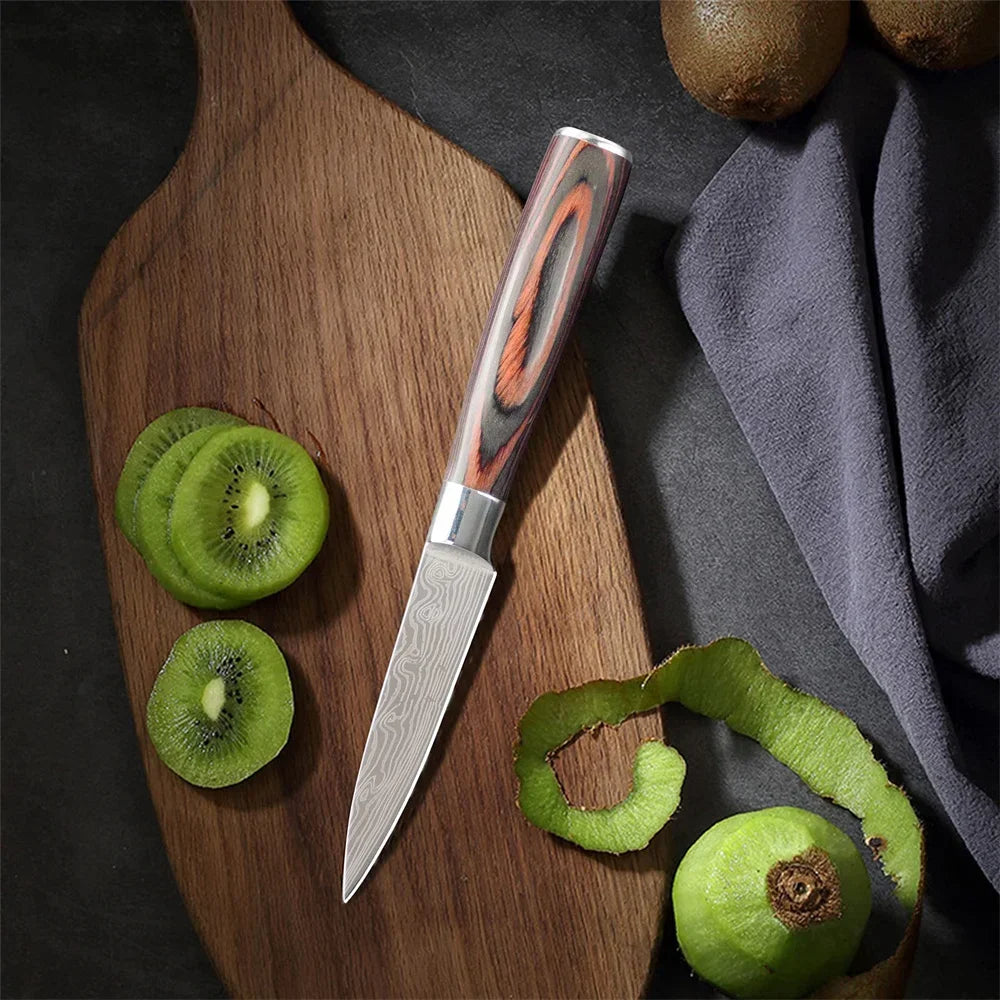 3.5 Inch Kitchen Chef Knife Fruit Knife Stainless Steel Laser Damascus Pattern Colored