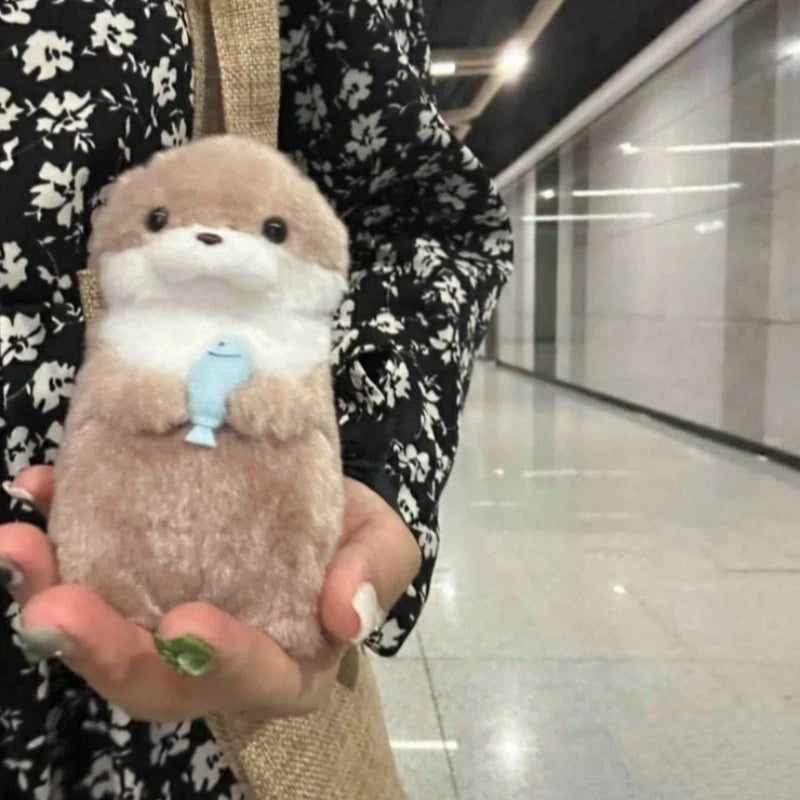 Cute Otters Holding Fish Plush Doll Keyrings Lightweight Hanging Pendant Props For School Bag