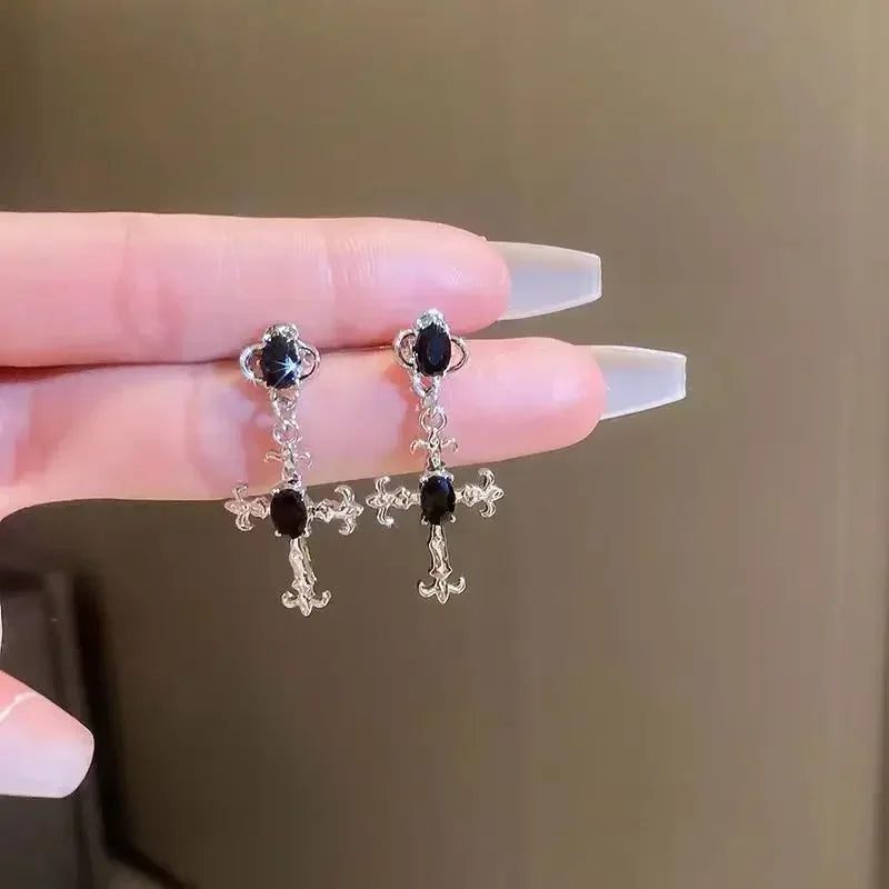 Gothic Cross Black Drill Drop Earrings Women Punk Halloween Jewellery Creativity Fashion