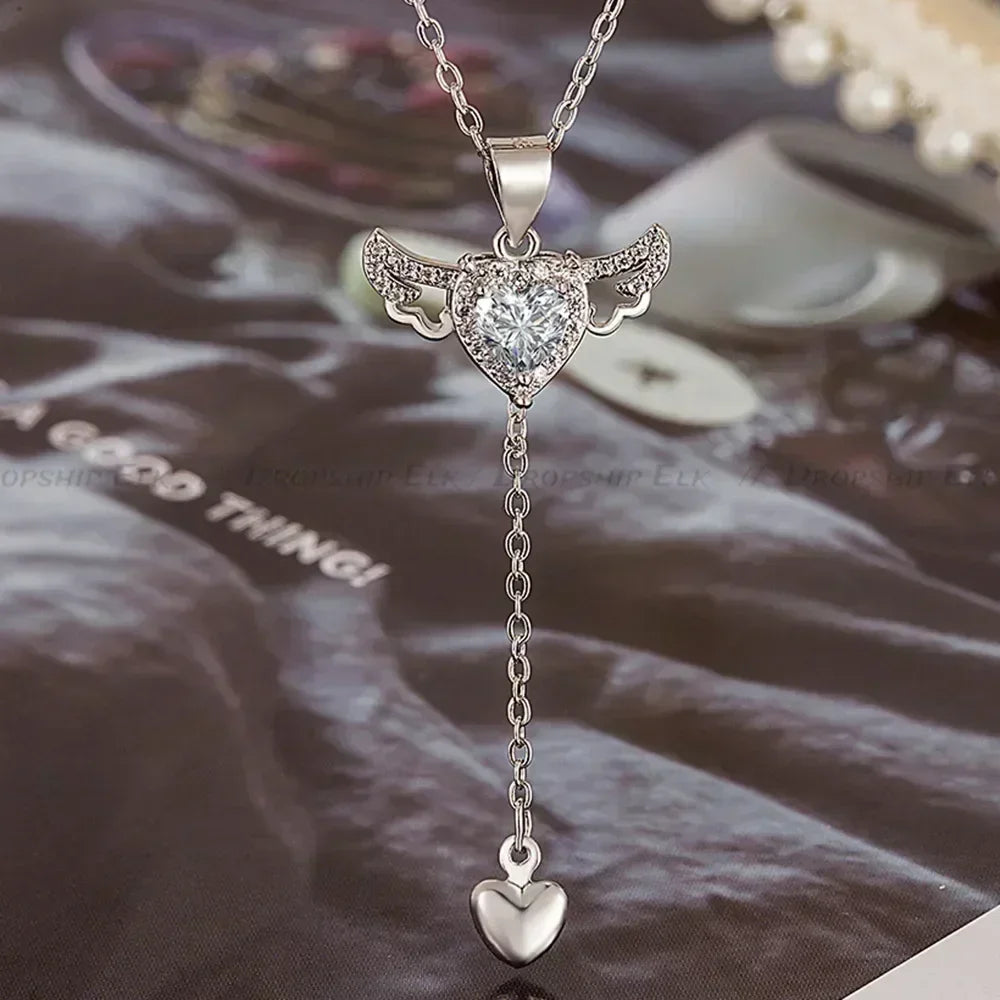 925 Sterling Silver Heart Angel Wings Pendant Choker Necklaces For Women Aesthetic Jewelry