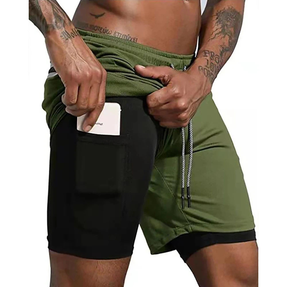 Men's Sport Shorts cool Sportswear Double-deck Running Shorts Summer 2 In 1 Casual