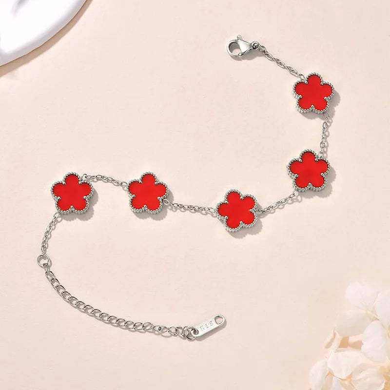 Lucky Clover Women's Hand Bracelets Double Sided Flowers Jewellery Gifts Stainless Steel