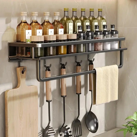 Kitchen Shelf Spice Storage Rack Wall-mounted Kitchen Spatula Spoon Hook Towel Bar