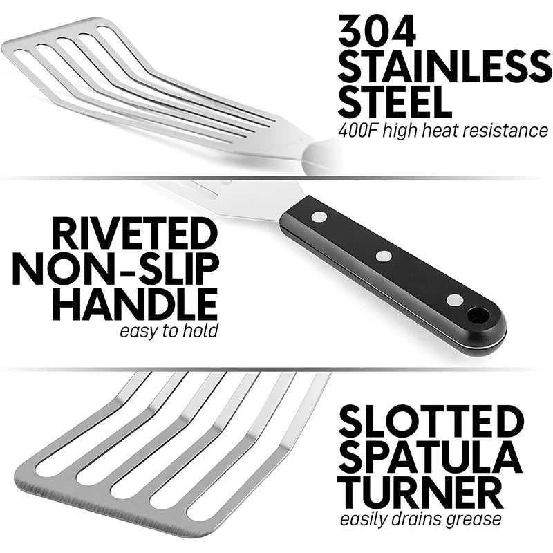 Metal Frying Spatula for Cast Iron Skillet, Fish Egg Grill Spatula Set Slotted Turner with Sloped Head