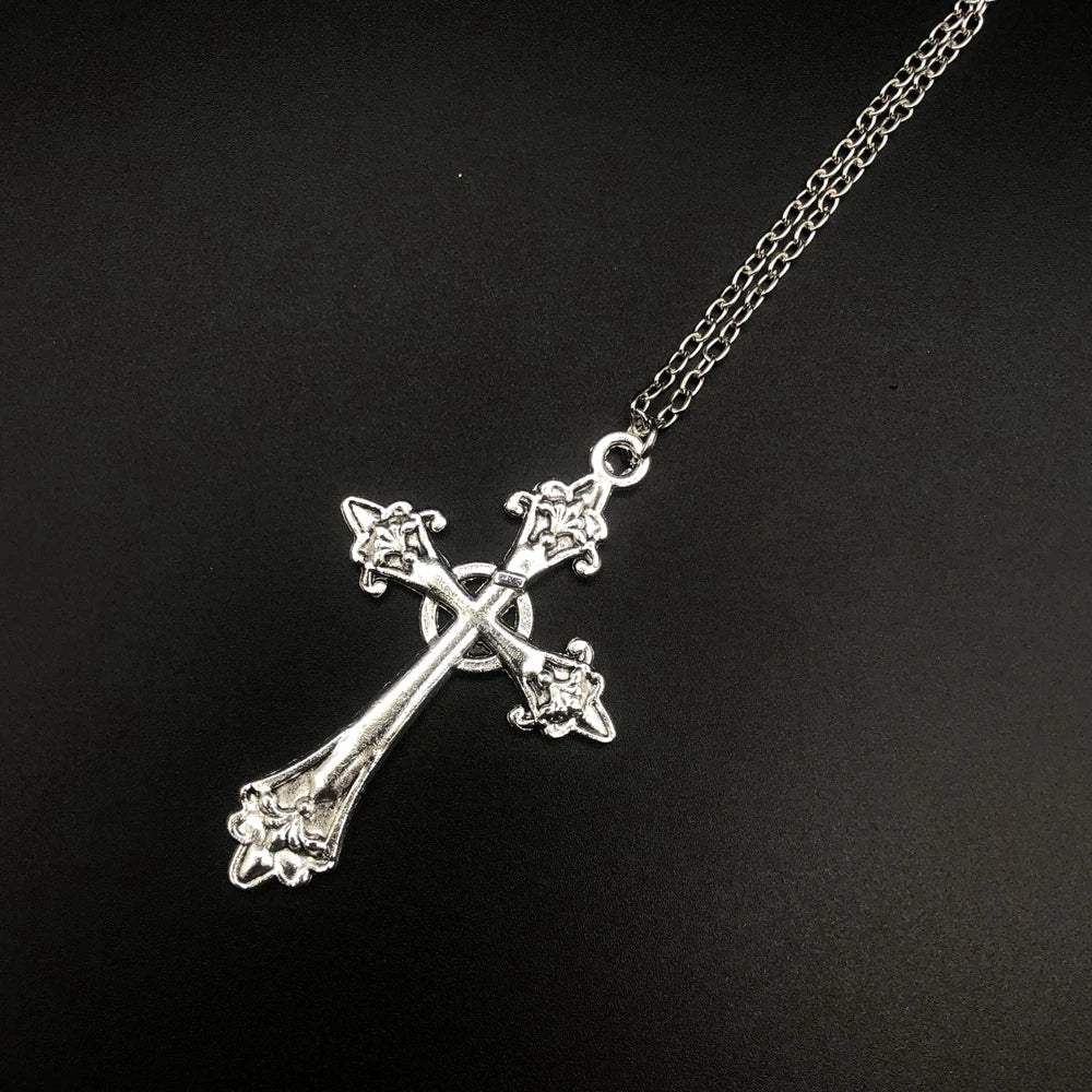 Large Detailed Cross Drill Pendant Jewel Necklace Silver Color Tone Gothic Punk Jewellery Fashion