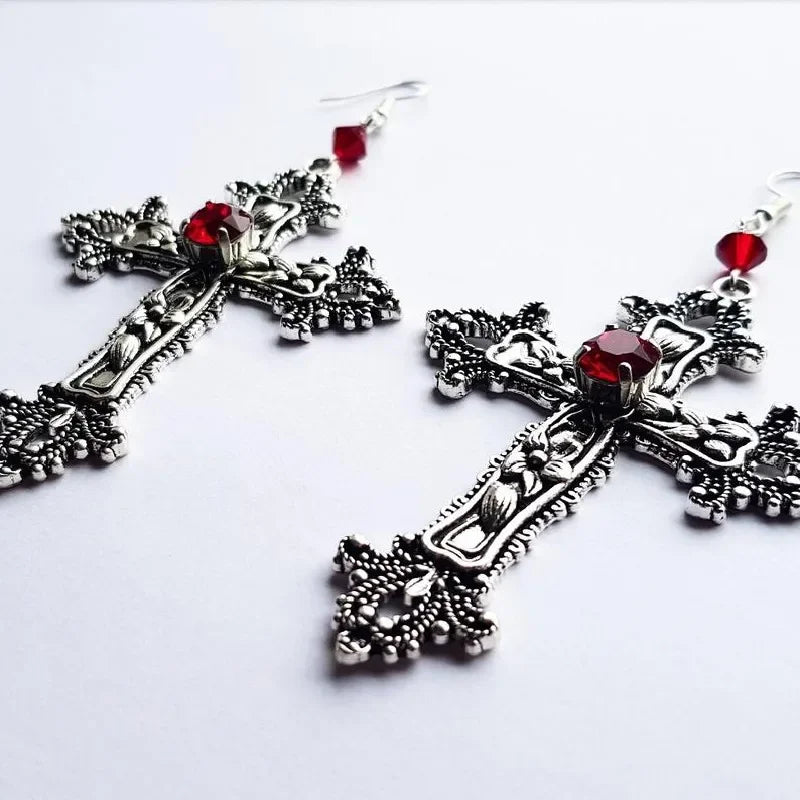 Goth Large Detailed Cross Black Drill Jewel Earrings Silver Color Gothic Punk Jewellery Fashion