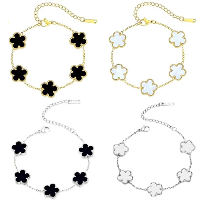 Lucky Clover Women's Hand Bracelets Double Sided Flowers Jewellery Gifts Stainless Steel