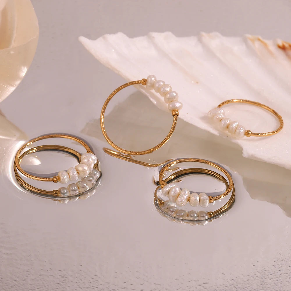 E.B.belle Elegant crushed freshwater pearls can be stacked stainless steel ring woman gold