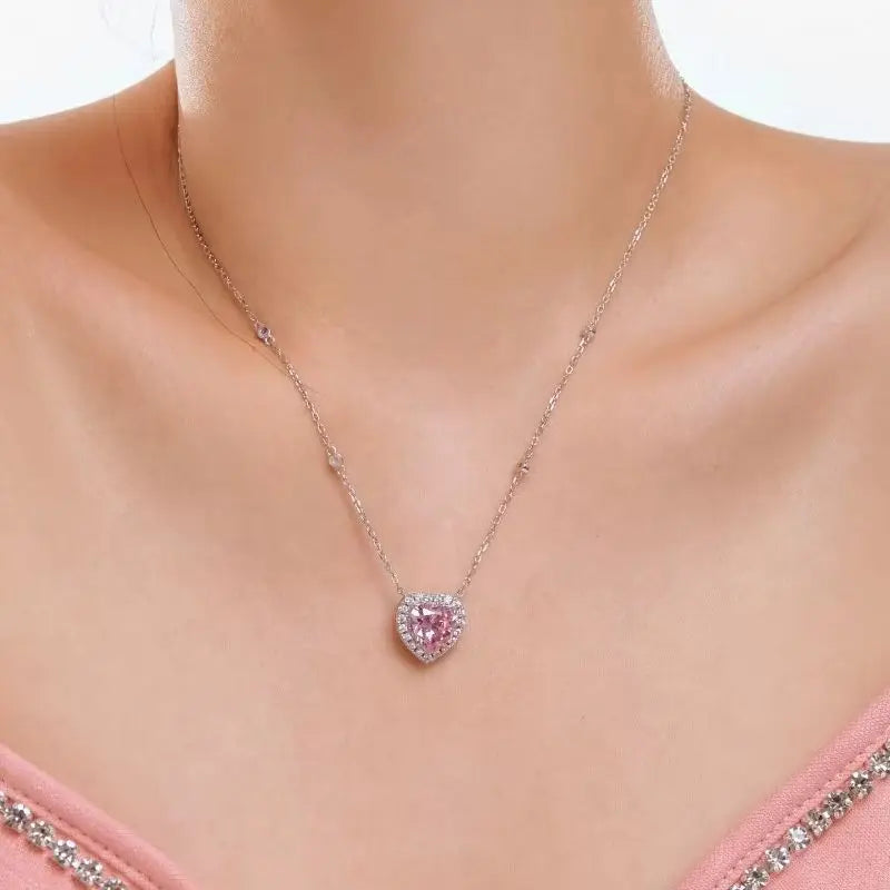 Genuine S925 Sterling Silver 10mm Heart Cubic Zirconia Pendant Necklace Adjustable