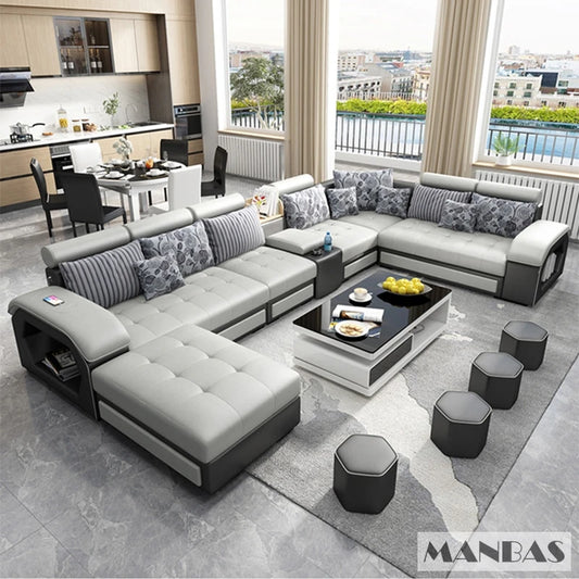 MINGDIBAO Fabric Sofa Set Furniture Living Room Sofa Set with USB and Stools / Big U