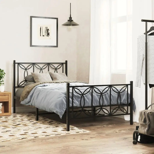 Black Metal Bed Frame with Footboard - 100x190cm, No Mattress Included