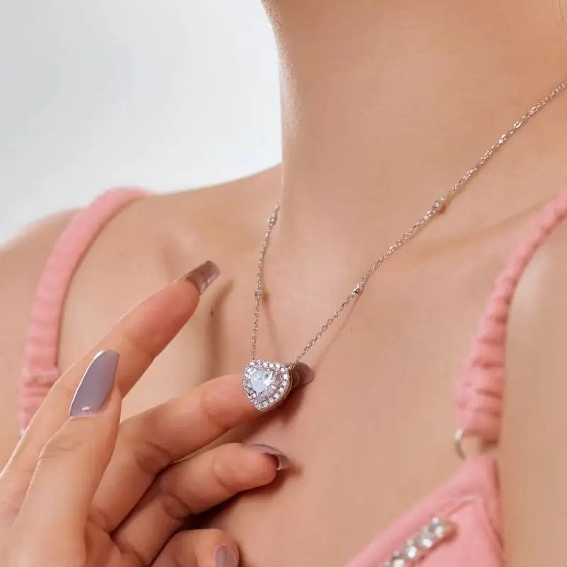 Genuine S925 Sterling Silver 10mm Heart Cubic Zirconia Pendant Necklace Adjustable