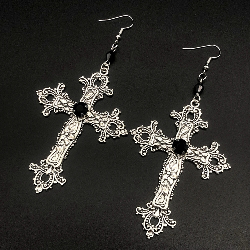 Large Detailed Cross Drill Pendant Jewel Necklace Silver Color Tone Gothic Punk Jewellery Fashion