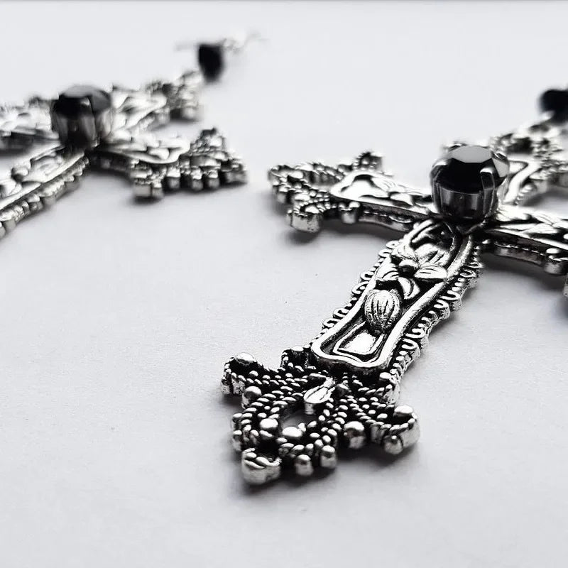 Goth Large Detailed Cross Black Drill Jewel Earrings Silver Color Gothic Punk Jewellery Fashion