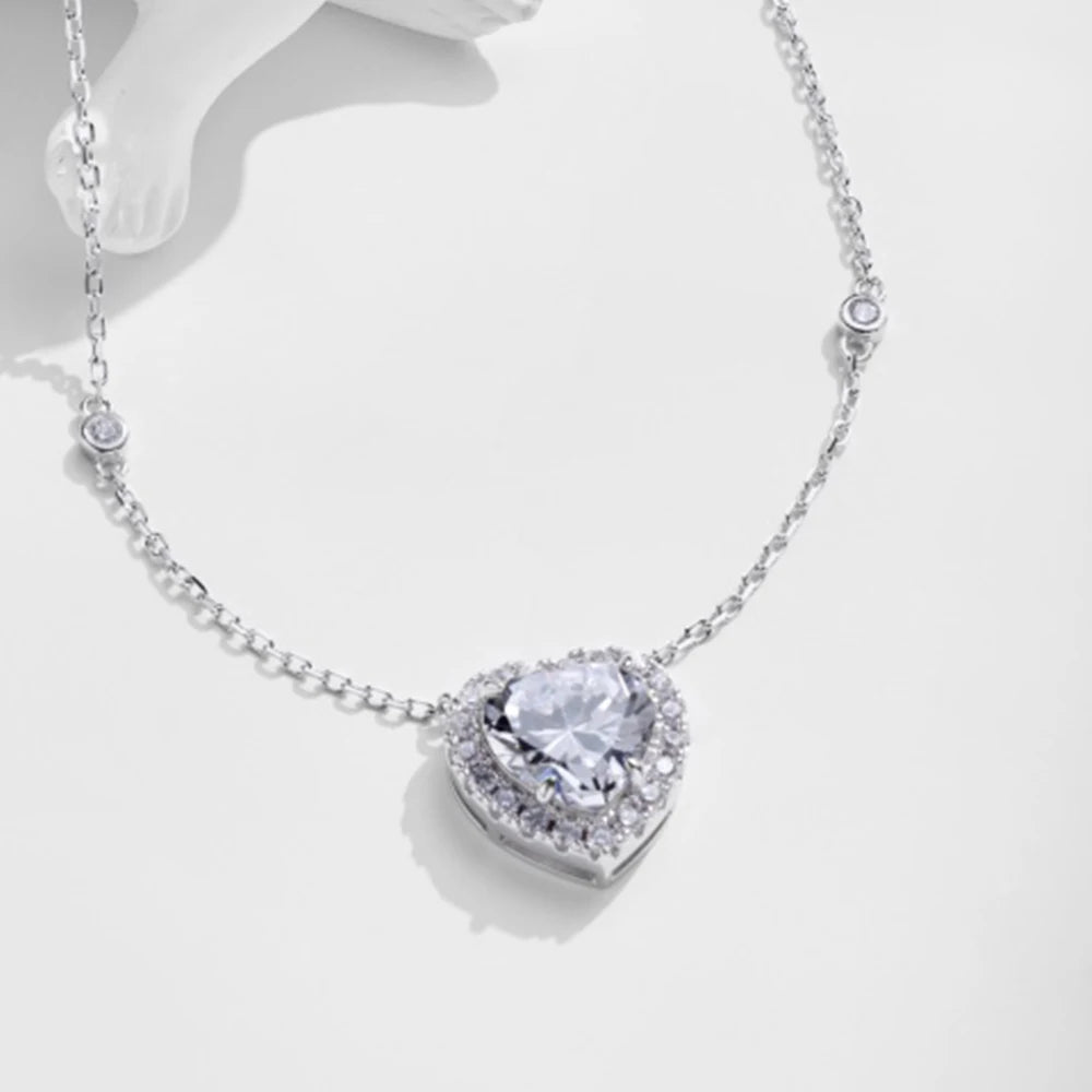 Genuine S925 Sterling Silver 10mm Heart Cubic Zirconia Pendant Necklace Adjustable