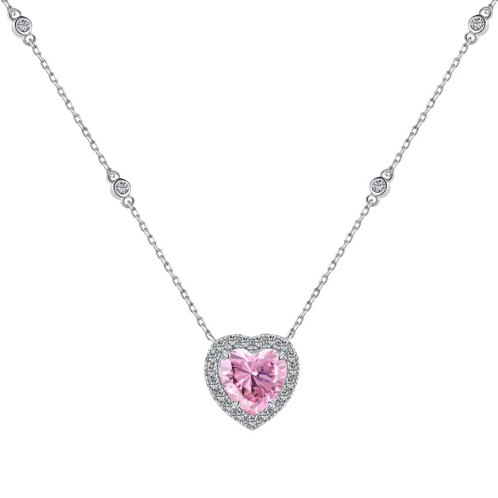 Genuine S925 Sterling Silver 10mm Heart Cubic Zirconia Pendant Necklace Adjustable