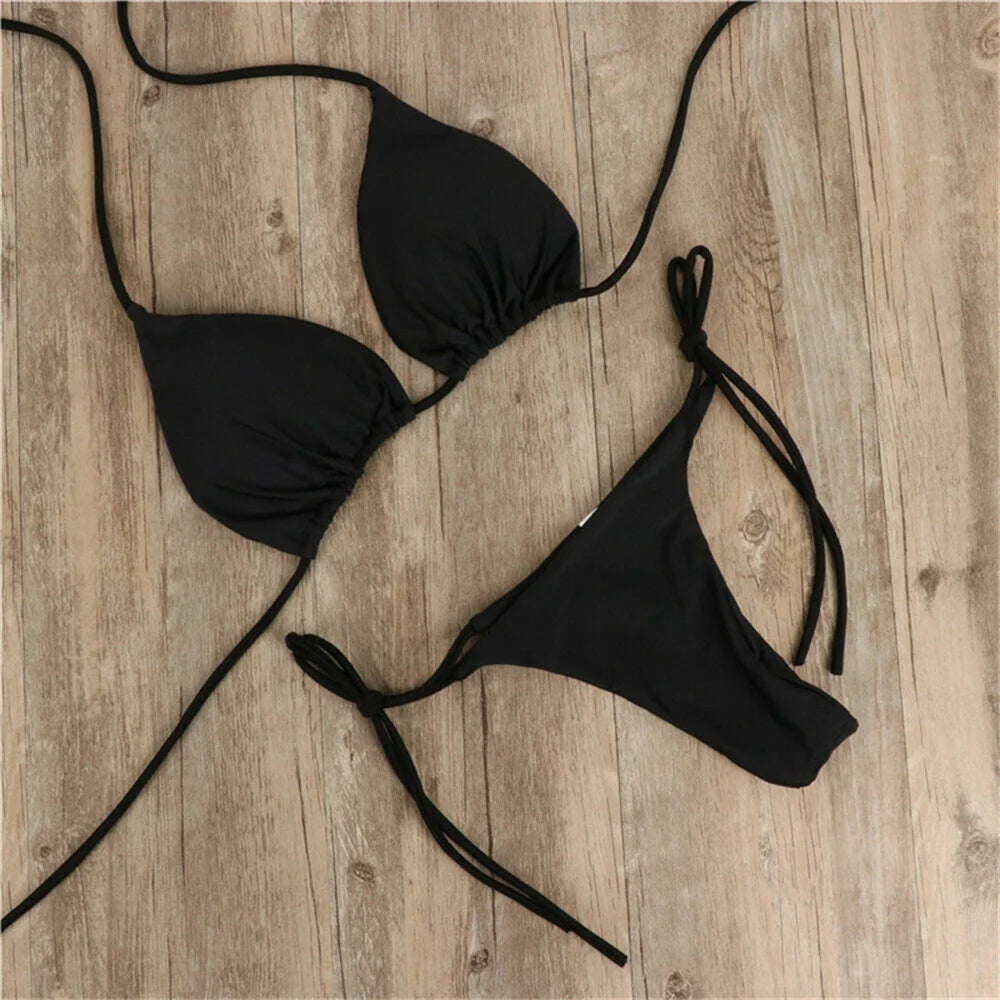 Women's swimsuit Bikinis Set Women Sexy Pink Bandage Ladies Thongs Solid Two Piece
